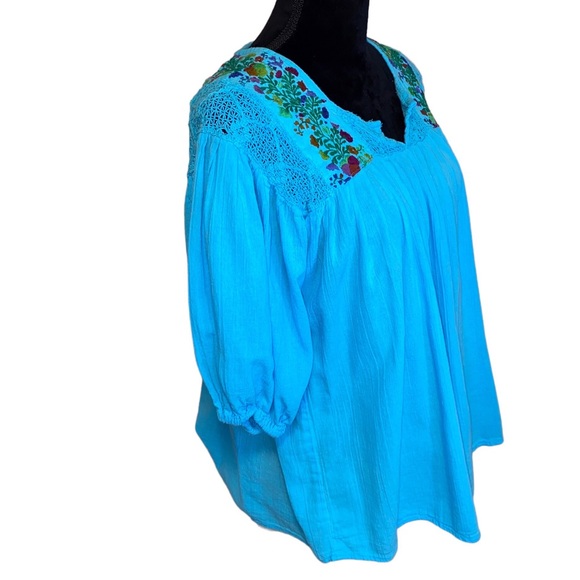 Arte Huaxyacac 100% Cotton Crochet Embroidered Size Lg Balloon Sleeve Blouse - Picture 2 of 11